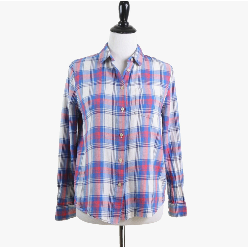 Madewell Size M Shrunken Ex Boyfriend Shirt Red Blue Plaid - Picture 3 of 10